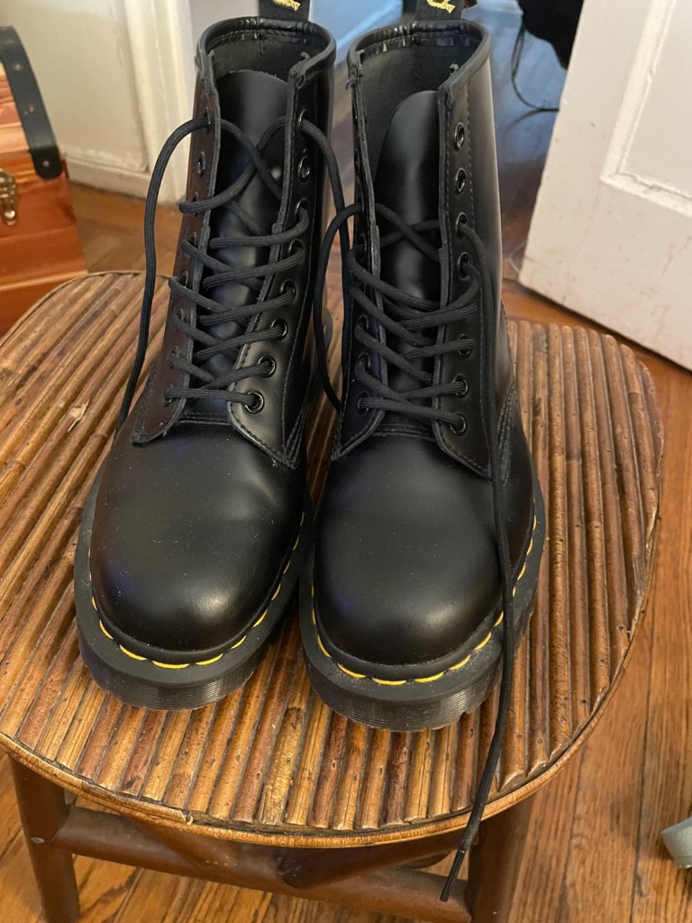 Dr. Martens Black Leather Lace-Up Boots with Yellow Logo -1460 Original